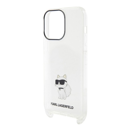 Karl Lagerfeld для iPhone 15 Pro Max чехол Crossbody PC/TPU NFT Choupette + Big Strap Hard Transparent