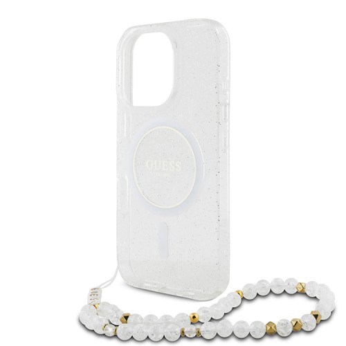 Guess для iPhone 16 Pro Max чехол PC/TPU Glitter (MagSafe) +шнурок из бисера, прозрачный