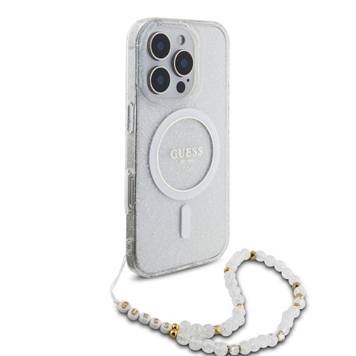 Guess для iPhone 16 Pro Max чехол PC/TPU Glitter (MagSafe) +шнурок из бисера, прозрачный