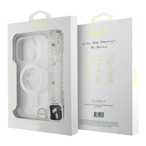 Guess для iPhone 16 Pro Max чехол PC/TPU Glitter (MagSafe) +шнурок из бисера, прозрачный