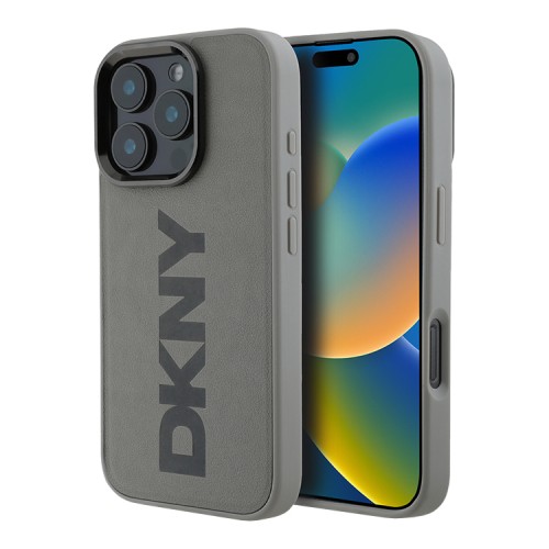 DKNY для iPhone 16 Pro Max чехол PU Plain leather Logo imprint Hard Grey (MagSafe)