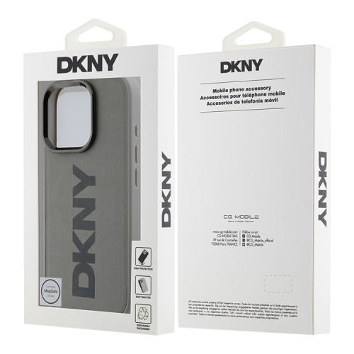 DKNY для iPhone 16 Pro Max чехол PU Plain leather Logo imprint Hard Grey (MagSafe)