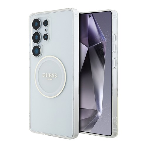 Guess для Galaxy S25 Ultra чехол PC/TPU Middle Colored Ring Metal Cam Hard Transp/White (MagSafe)