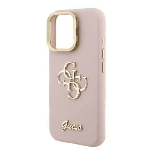 Guess для iPhone 16 Pro чехол PU Grained leather 4G Big metal logo and Camera Stand Hard Pink