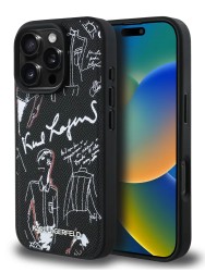 Karl Lagerfeld для iPhone 16 Pro Max чехол PU Grained leather Sketch with Metal logo Hard Black (MagSafe)