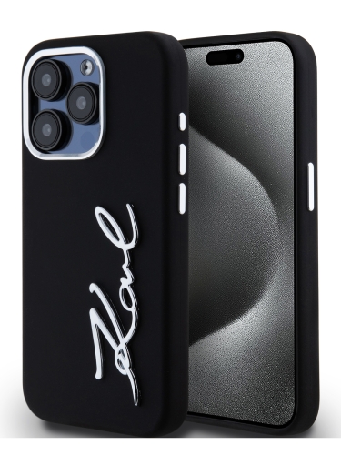 Karl Lagerfeld для iPhone 15 Pro чехол Liquid silicone Signature Metal logo & Camera frame Hard Black