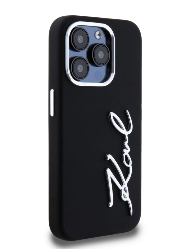 Karl Lagerfeld для iPhone 15 Pro чехол Liquid silicone Signature Metal logo & Camera frame Hard Black
