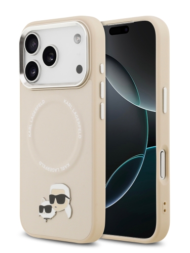 Karl Lagerfeld для iPhone 17 Pro чехол PU NFT Karl & Choup heads Metal pin & Cam Hard Beige (MagSafe)