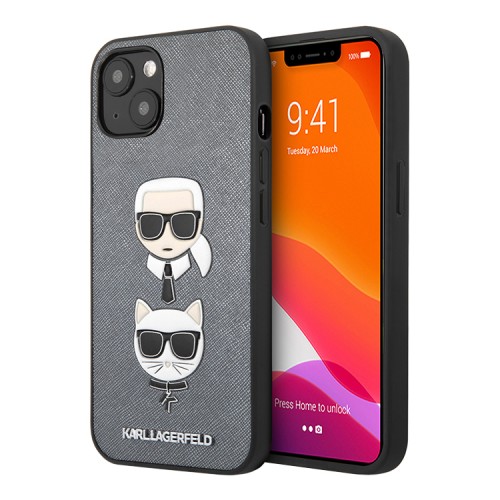 Чехол Karl Lagerfeld PU Saffiano Karl and Choupette Hard для iPhone 13, серебристый