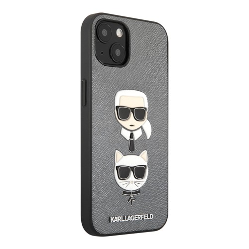 Чехол Karl Lagerfeld PU Saffiano Karl and Choupette Hard для iPhone 13, серебристый