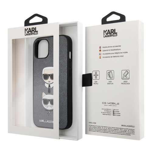 Чехол Karl Lagerfeld PU Saffiano Karl and Choupette Hard для iPhone 13, серебристый