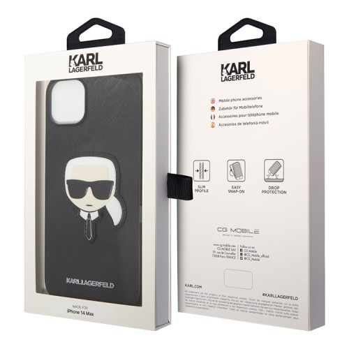 Чехол Lagerfeld PU Saffiano Karl head Patch Hard для iPhone 14, черный