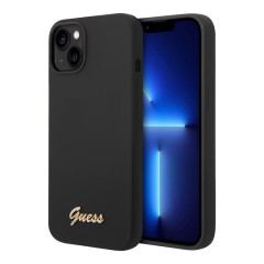 Чехол Guess Liquid Silicone Gold Metal logo для iPhone 14 Plus, черный