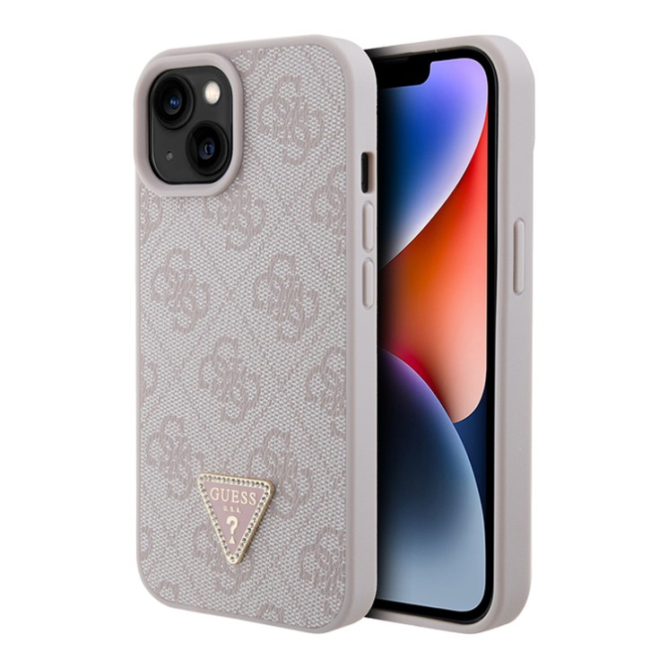 Guess для iPhone 15 чехол PU 4G Triangle Diamond metal logo Hard Pink