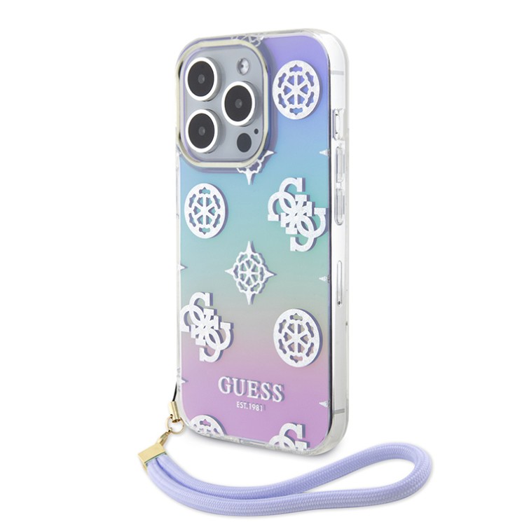 Guess для iPhone 15 Pro чехол PC/TPU Peony glitter +Nylon Hand cord Hard Iridescent Purple