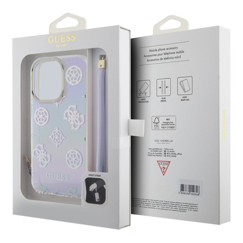 Guess для iPhone 15 Pro чехол PC/TPU Peony glitter +Nylon Hand cord Hard Iridescent Purple