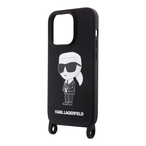 Lagerfeld для iPhone 15 Pro Max чехол Crossbody Liquid silicone NFT Karl Ikonik +Strap Hard Black