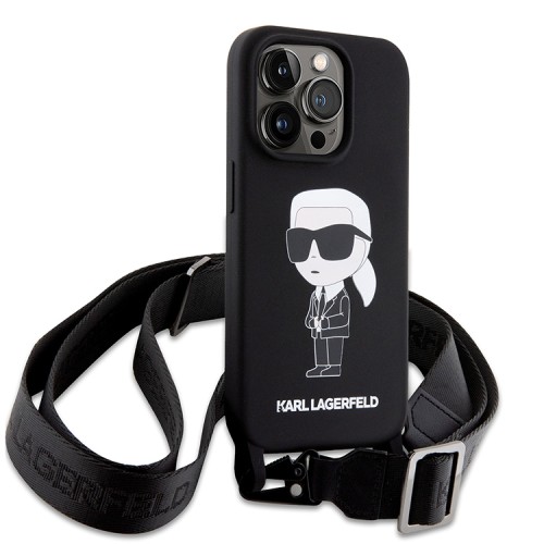 Lagerfeld для iPhone 15 Pro Max чехол Crossbody Liquid silicone NFT Karl Ikonik +Strap Hard Black