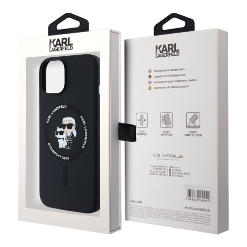 Karl Lagerfeld для iPhone 15 чехол Liquid Silicone NFT Karl & Choupette Body Hard Black (MagSafe)