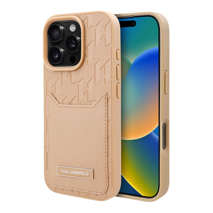 Karl Lagerfeld для iPhone 16 Pro Grained Monogram чехол с карманом для карты из PU кожи, коричневый