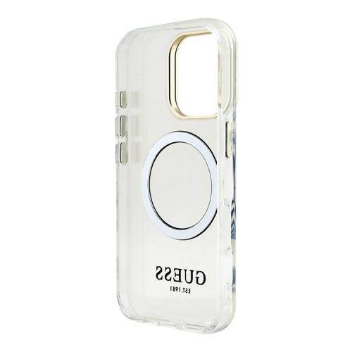 Guess для iPhone 16 Pro Max чехол PC/TPU Metal outline and Camera Stand Hard Transp/Gold (MagSafe)