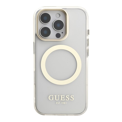 Guess для iPhone 16 Pro Max чехол PC/TPU Metal outline and Camera Stand Hard Transp/Gold (MagSafe)