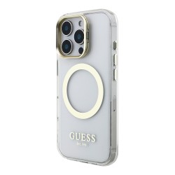 Guess для iPhone 16 Pro Max чехол PC/TPU Metal outline and Camera Stand Hard Transp/Gold (MagSafe)