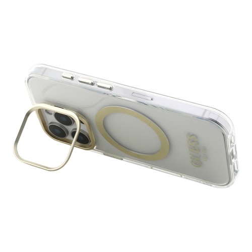 Guess для iPhone 16 Pro Max чехол PC/TPU Metal outline and Camera Stand Hard Transp/Gold (MagSafe)