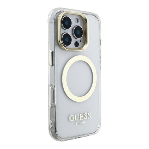 Guess для iPhone 16 Pro Max чехол PC/TPU Metal outline and Camera Stand Hard Transp/Gold (MagSafe)