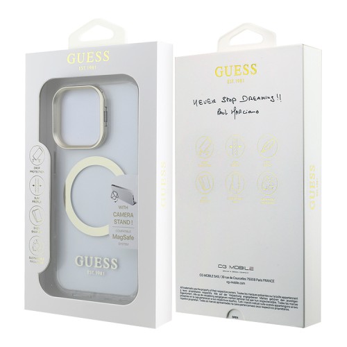 Guess для iPhone 16 Pro Max чехол PC/TPU Metal outline and Camera Stand Hard Transp/Gold (MagSafe)