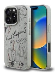 Karl Lagerfeld для iPhone 16 Pro Max чехол PU Grained leather Sketch with Metal logo Hard Grey (MagSafe)