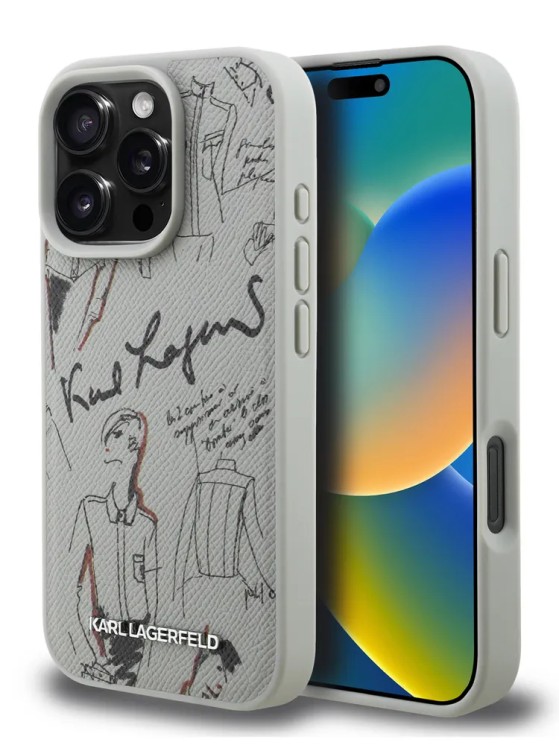 Karl Lagerfeld для iPhone 16 Pro Max чехол PU Grained leather Sketch with Metal logo Hard Grey (MagSafe)