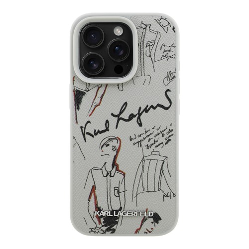 Karl Lagerfeld для iPhone 16 Pro Max чехол PU Grained leather Sketch with Metal logo Hard Grey (MagSafe)