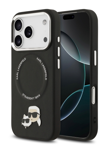 Karl Lagerfeld для iPhone 17 Pro чехол PU NFT Karl & Choup heads Metal pin & Cam Hard Black (MagSafe)
