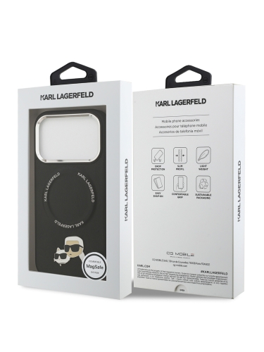 Karl Lagerfeld для iPhone 17 Pro чехол PU NFT Karl & Choup heads Metal pin & Cam Hard Black (MagSafe)
