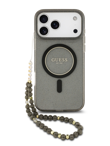 Guess для iPhone 17 Pro Max чехол IML Glitter Hard + Pearl Hand Strap Black (MagSafe)