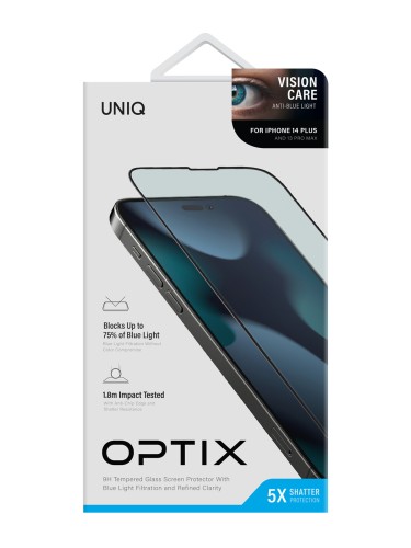 Защитное стекло Uniq OPTIX Vision care (anti-blue) для iPhone 14 Plus | 13 Pro max, черная рамка (+installer)