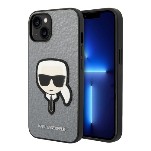 Чехол Lagerfeld PU Saffiano Karl head Patch Hard для iPhone 14, серебристый