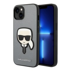 Чехол Lagerfeld PU Saffiano Karl head Patch Hard для iPhone 14, серебристый