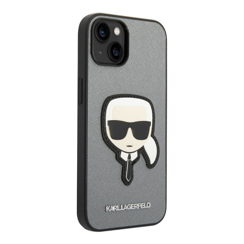 Чехол Lagerfeld PU Saffiano Karl head Patch Hard для iPhone 14, серебристый