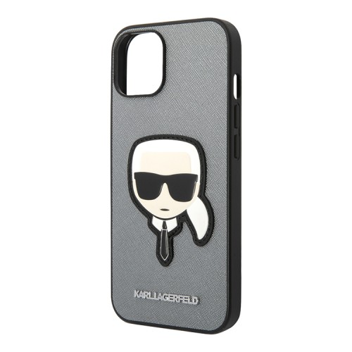 Чехол Lagerfeld PU Saffiano Karl head Patch Hard для iPhone 14, серебристый