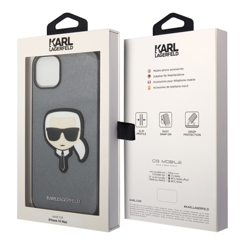Чехол Lagerfeld PU Saffiano Karl head Patch Hard для iPhone 14, серебристый