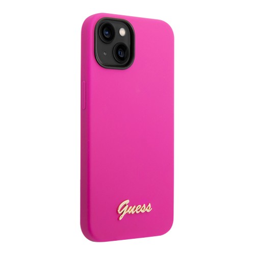 Чехол Guess Liquid Silicone Gold Metal logo для iPhone 14 Plus, фуксия