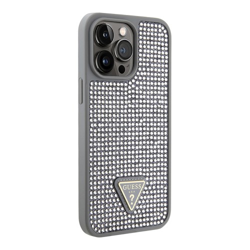 Чехол Guess Diamond Rhinestone Triangle metal logo Hard для iPhone 14 Pro Max, серебристый