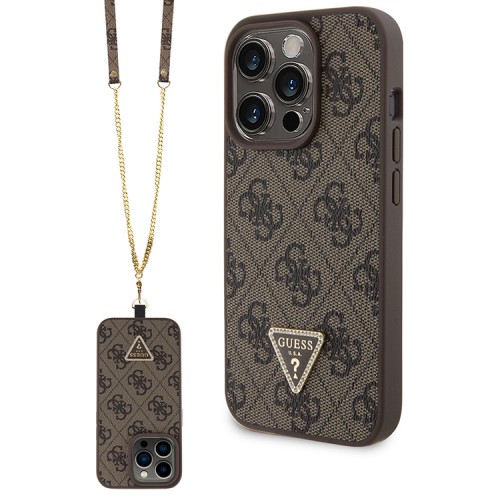 Guess для iPhone 15 Pro Max чехол Crossbody PU 4G Triangle Diamond logo Hard + Universal Strap Brown