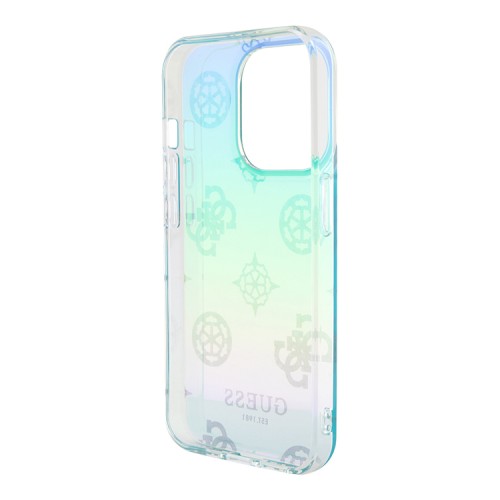 Guess для iPhone 15 Pro чехол PC/TPU Peony glitter +Nylon Hand cord Hard Iridescent Turquoise