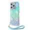 Guess для iPhone 15 Pro чехол PC/TPU Peony glitter +Nylon Hand cord Hard Iridescent Turquoise