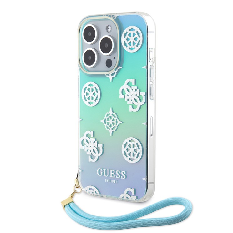 Guess для iPhone 15 Pro чехол PC/TPU Peony glitter +Nylon Hand cord Hard Iridescent Turquoise