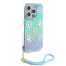 Guess для iPhone 15 Pro чехол PC/TPU Peony glitter +Nylon Hand cord Hard Iridescent Turquoise