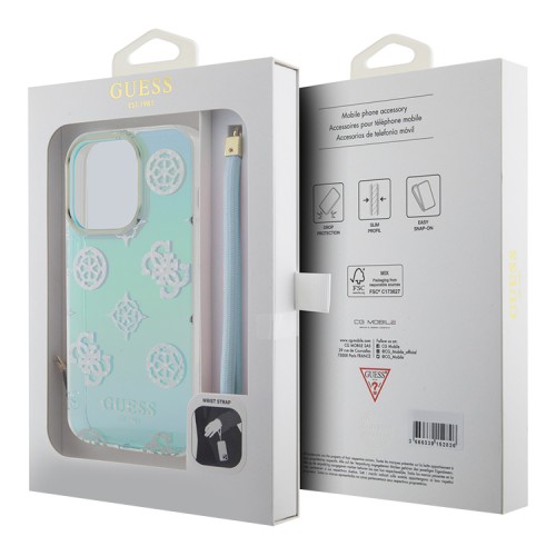 Guess для iPhone 15 Pro чехол PC/TPU Peony glitter +Nylon Hand cord Hard Iridescent Turquoise